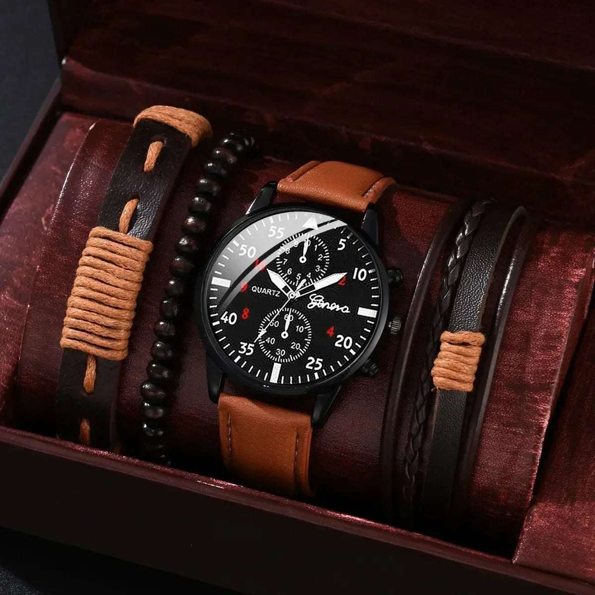 4/2/1pcs Men Sports Watches Set Man Business Quartz Wristwatch Luxury Brown Leather Bracelet Men Casual Clock Watch(no Box)
