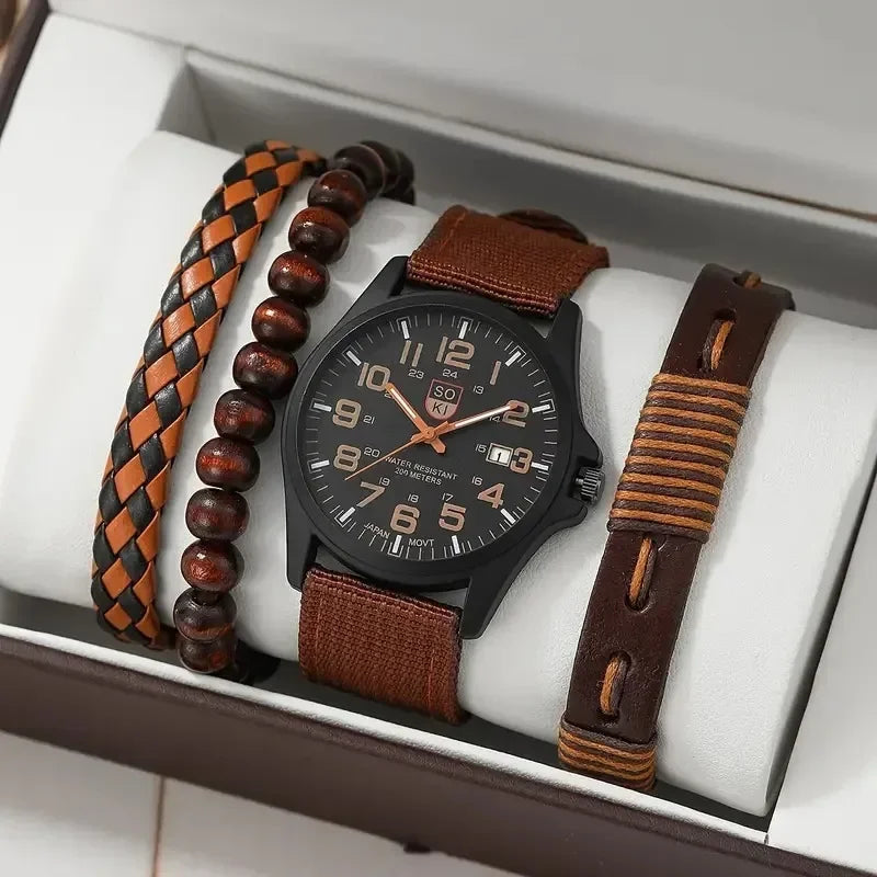 4/2/1pcs Men Sports Watches Set Man Business Quartz Wristwatch Luxury Brown Leather Bracelet Men Casual Clock Watch(no Box)