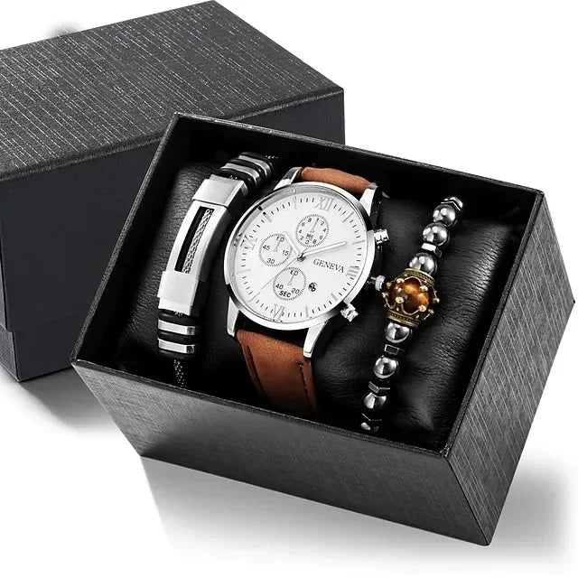 4/2/1pcs Men Sports Watches Set Man Business Quartz Wristwatch Luxury Brown Leather Bracelet Men Casual Clock Watch(no Box)