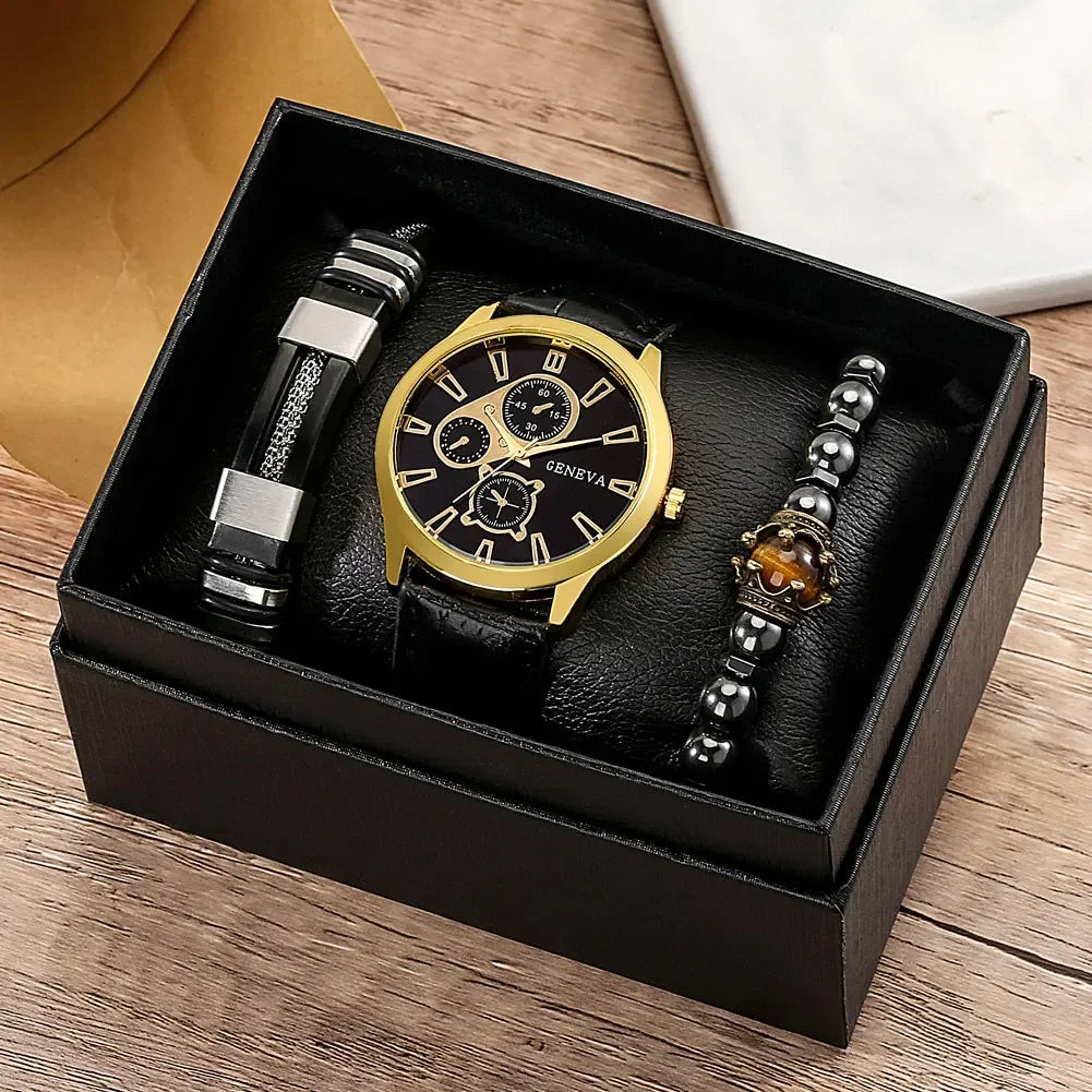 4/2/1pcs Men Sports Watches Set Man Business Quartz Wristwatch Luxury Brown Leather Bracelet Men Casual Clock Watch(no Box)