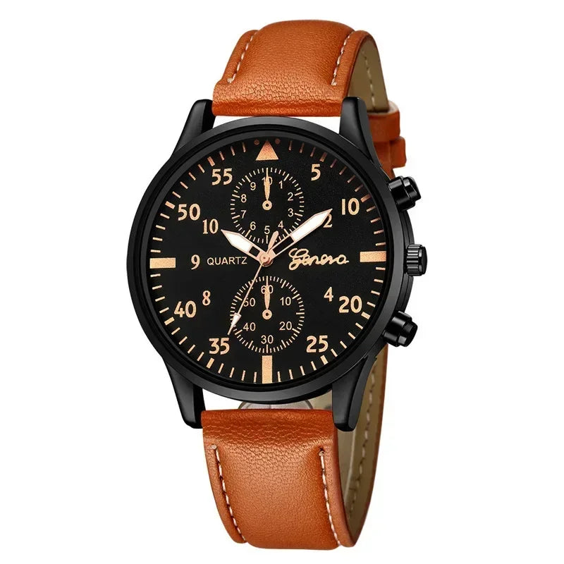 4/2/1pcs Men Sports Watches Set Man Business Quartz Wristwatch Luxury Brown Leather Bracelet Men Casual Clock Watch(no Box)