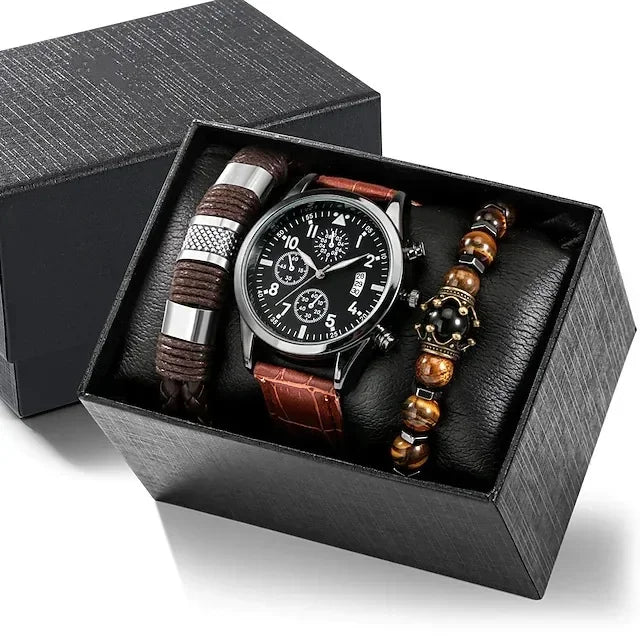 4/2/1pcs Men Sports Watches Set Man Business Quartz Wristwatch Luxury Brown Leather Bracelet Men Casual Clock Watch(no Box)