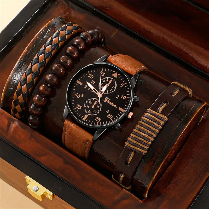 4/2/1pcs Men Sports Watches Set Man Business Quartz Wristwatch Luxury Brown Leather Bracelet Men Casual Clock Watch(no Box)
