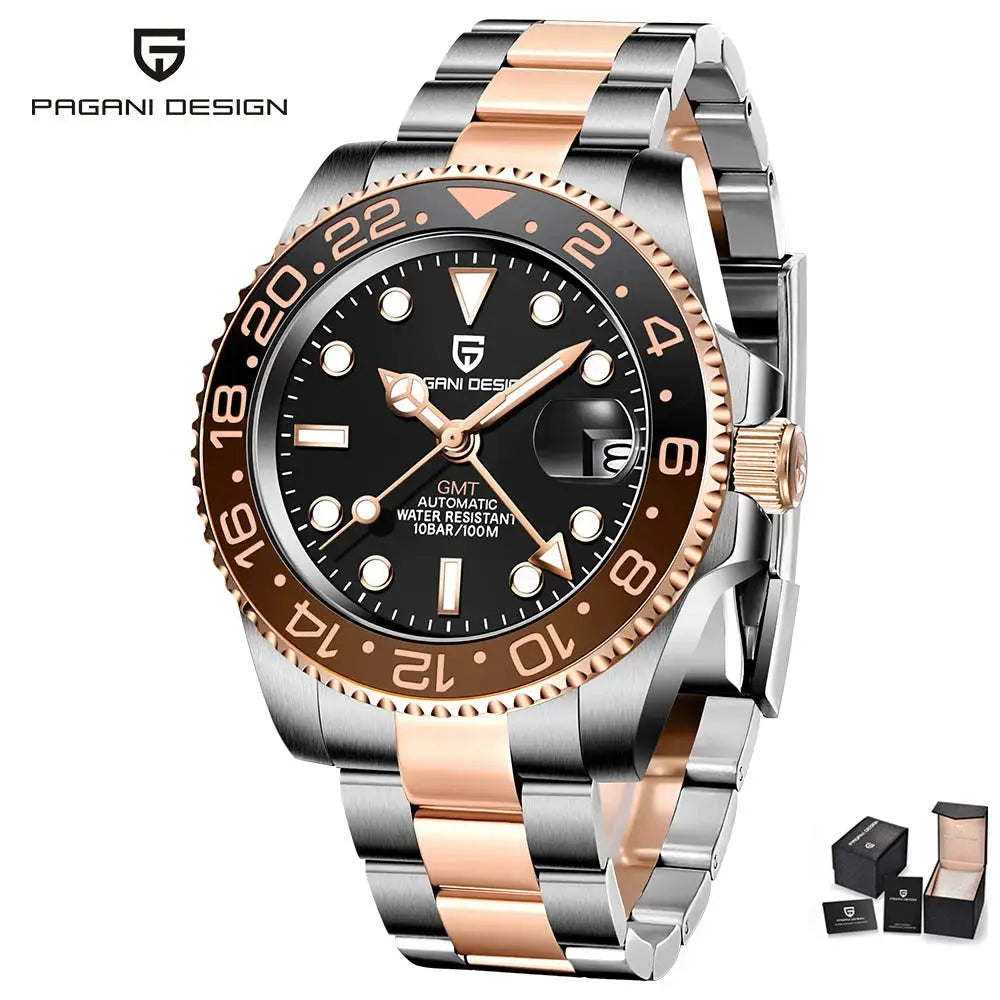 ELEGANCE® P1662 Men Watch Automatic Mechanical GMT Wristwatch Sapphire Glass Stainless Steel 100M Waterproof