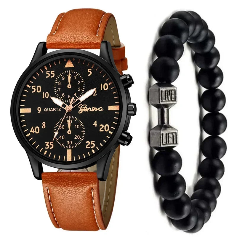 4/2/1pcs Men Sports Watches Set Man Business Quartz Wristwatch Luxury Brown Leather Bracelet Men Casual Clock Watch(no Box)