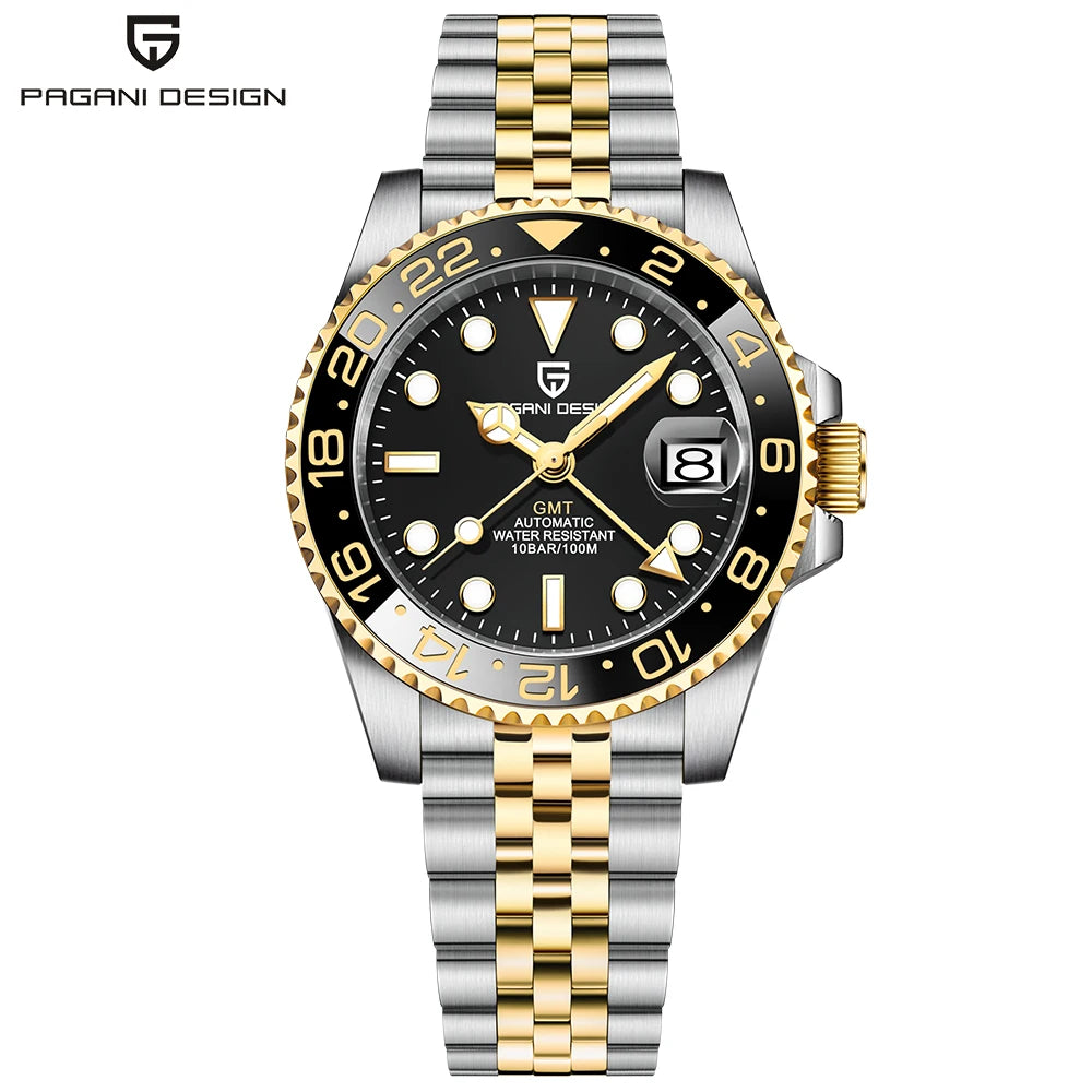 ELEGANCE® P1662 Men Watch Automatic Mechanical GMT Wristwatch Sapphire Glass Stainless Steel 100M Waterproof