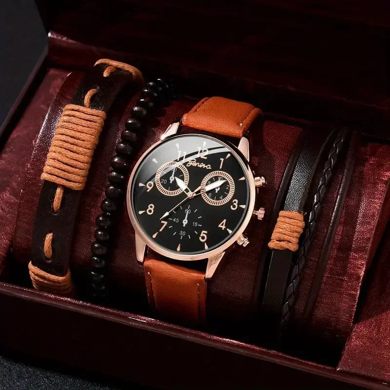 4/2/1pcs Men Sports Watches Set Man Business Quartz Wristwatch Luxury Brown Leather Bracelet Men Casual Clock Watch(no Box)
