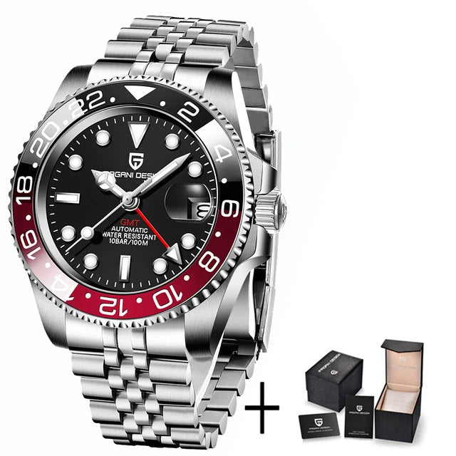 ELEGANCE® P1662 Men Watch Automatic Mechanical GMT Wristwatch Sapphire Glass Stainless Steel 100M Waterproof