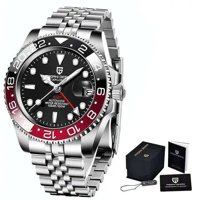 ELEGANCE® P1662 Men Watch Automatic Mechanical GMT Wristwatch Sapphire Glass Stainless Steel 100M Waterproof