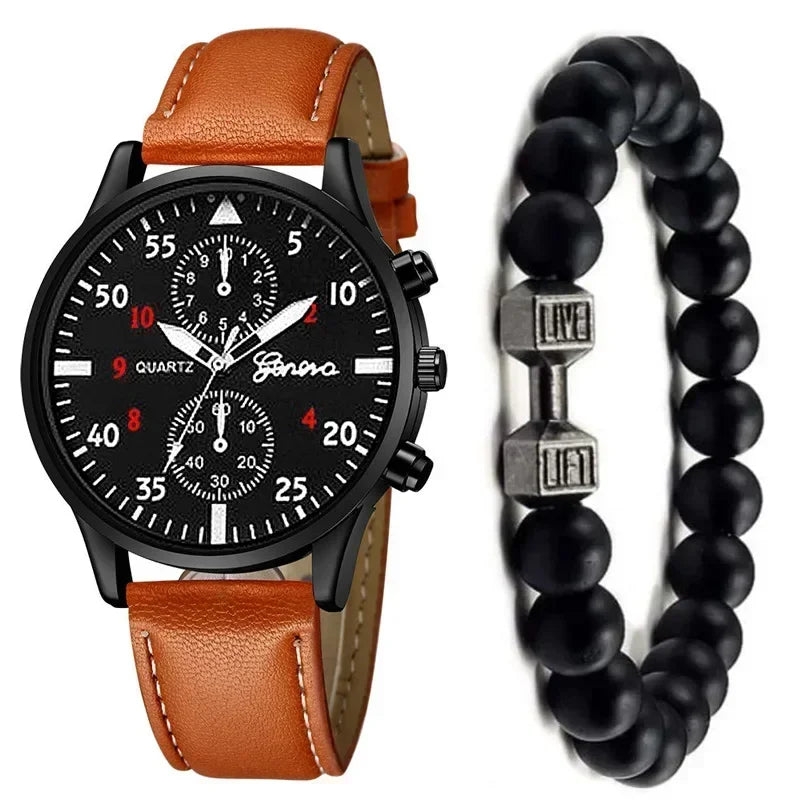 4/2/1pcs Men Sports Watches Set Man Business Quartz Wristwatch Luxury Brown Leather Bracelet Men Casual Clock Watch(no Box)