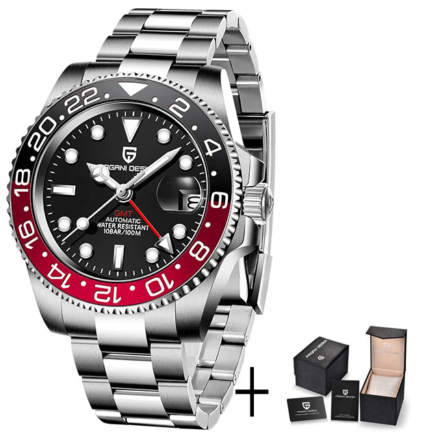 ELEGANCE® P1662 Men Watch Automatic Mechanical GMT Wristwatch Sapphire Glass Stainless Steel 100M Waterproof