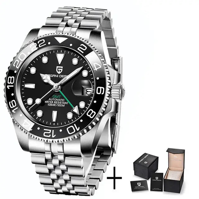 ELEGANCE® P1662 Men Watch Automatic Mechanical GMT Wristwatch Sapphire Glass Stainless Steel 100M Waterproof