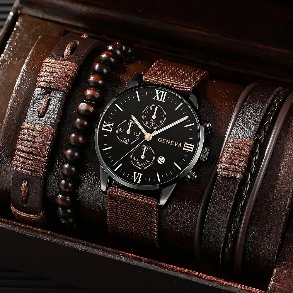 4/2/1pcs Men Sports Watches Set Man Business Quartz Wristwatch Luxury Brown Leather Bracelet Men Casual Clock Watch(no Box)