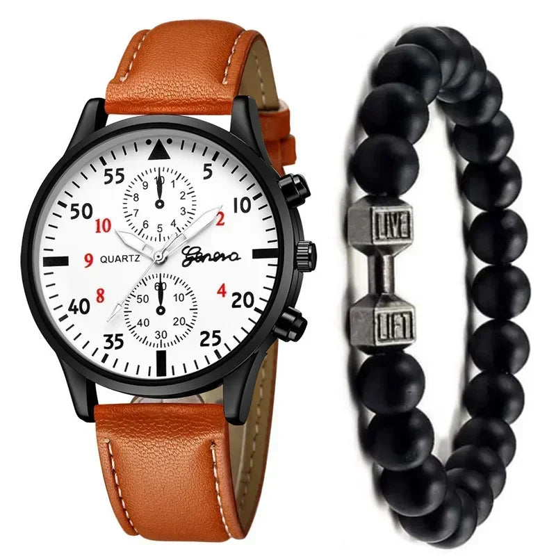 4/2/1pcs Men Sports Watches Set Man Business Quartz Wristwatch Luxury Brown Leather Bracelet Men Casual Clock Watch(no Box)