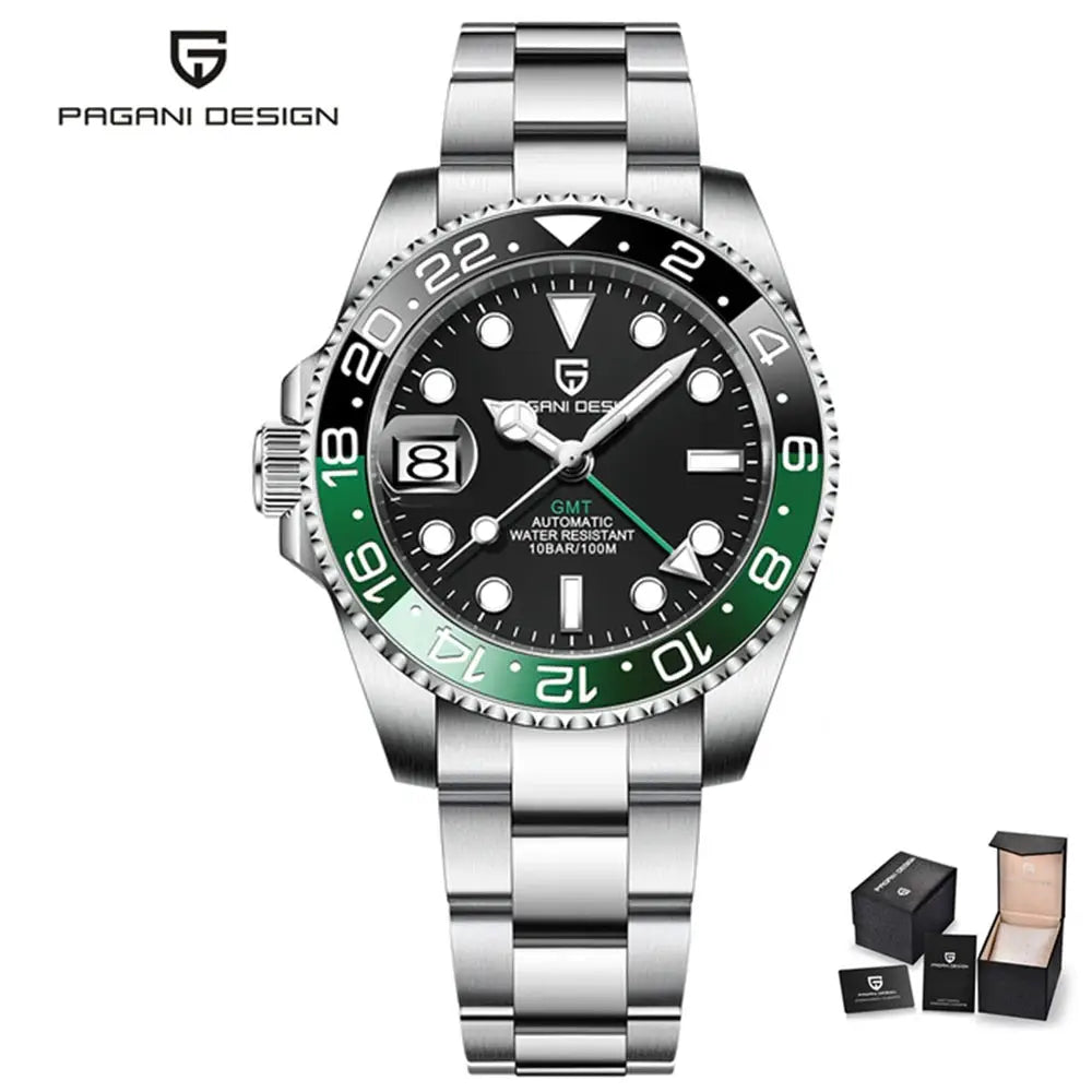 ELEGANCE® P1662 Men Watch Automatic Mechanical GMT Wristwatch Sapphire Glass Stainless Steel 100M Waterproof