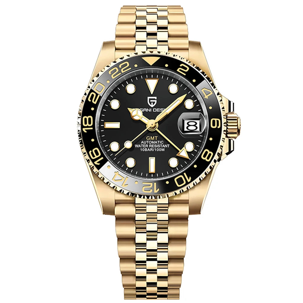 ELEGANCE® P1662 Men Watch Automatic Mechanical GMT Wristwatch Sapphire Glass Stainless Steel 100M Waterproof