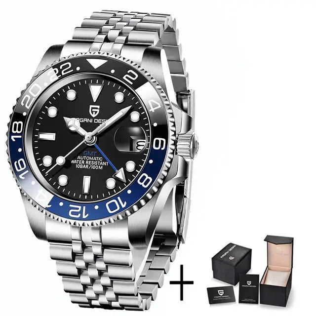 ELEGANCE® P1662 Men Watch Automatic Mechanical GMT Wristwatch Sapphire Glass Stainless Steel 100M Waterproof