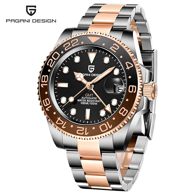 ELEGANCE® P1662 Men Watch Automatic Mechanical GMT Wristwatch Sapphire Glass Stainless Steel 100M Waterproof