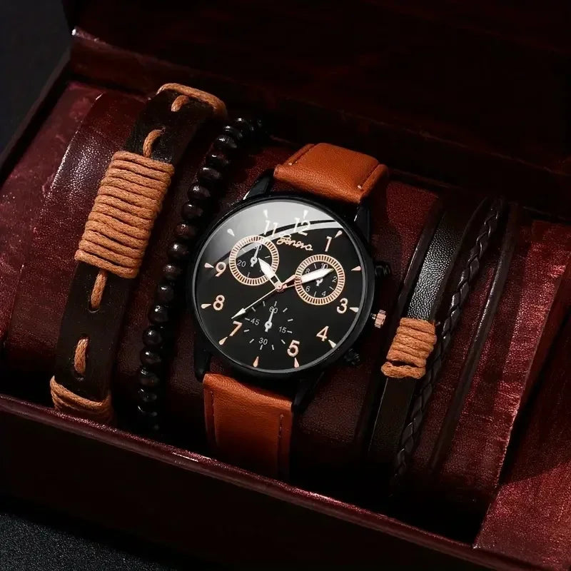 4/2/1pcs Men Sports Watches Set Man Business Quartz Wristwatch Luxury Brown Leather Bracelet Men Casual Clock Watch(no Box)