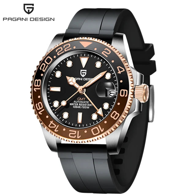 ELEGANCE® P1662 Men Watch Automatic Mechanical GMT Wristwatch Sapphire Glass Stainless Steel 100M Waterproof
