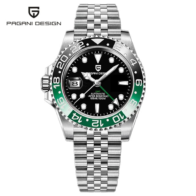 ELEGANCE® P1662 Men Watch Automatic Mechanical GMT Wristwatch Sapphire Glass Stainless Steel 100M Waterproof