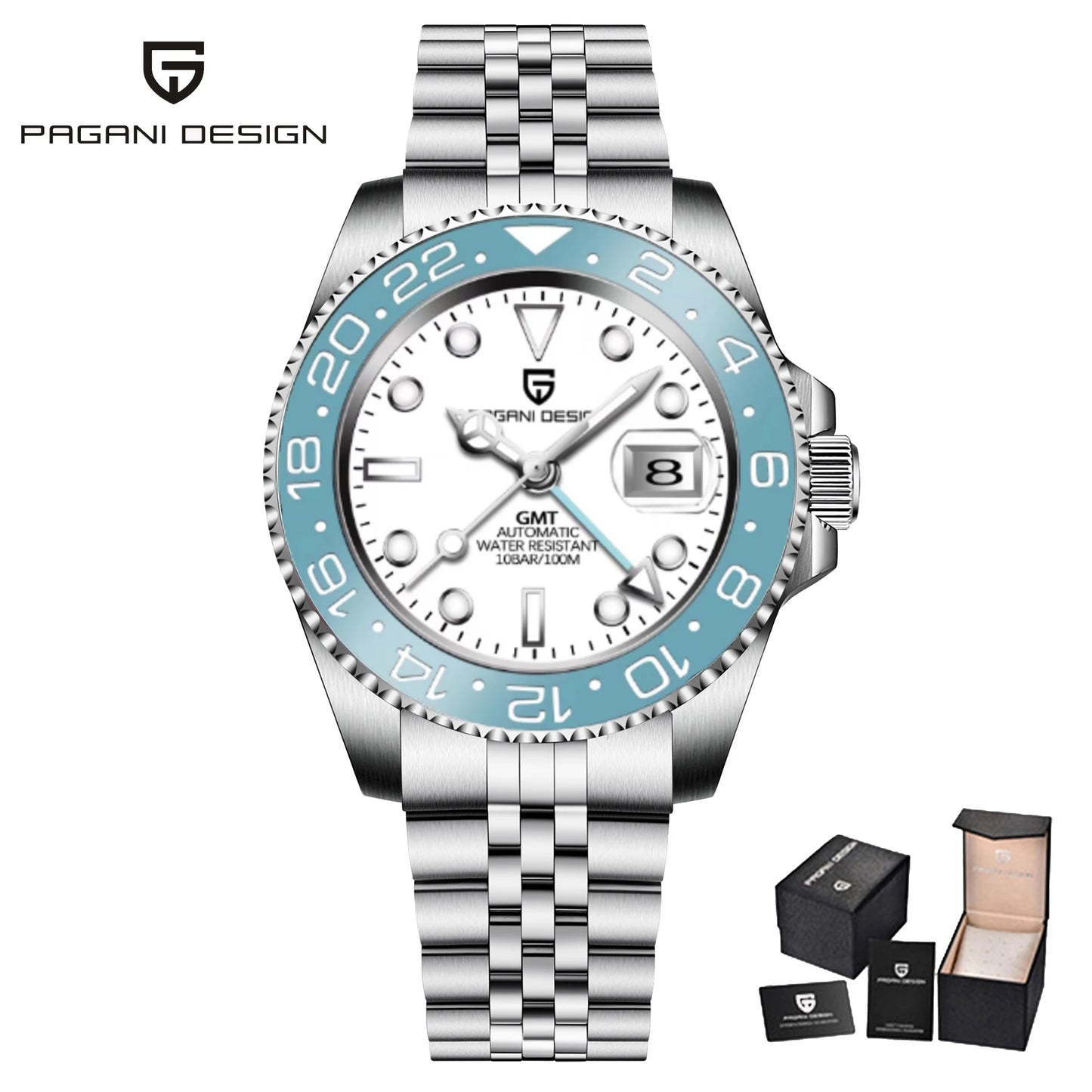 ELEGANCE® P1662 Men Watch Automatic Mechanical GMT Wristwatch Sapphire Glass Stainless Steel 100M Waterproof