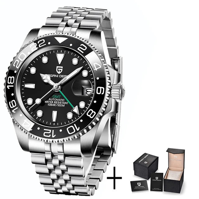 ELEGANCE® P1662 Men Watch Automatic Mechanical GMT Wristwatch Sapphire Glass Stainless Steel 100M Waterproof