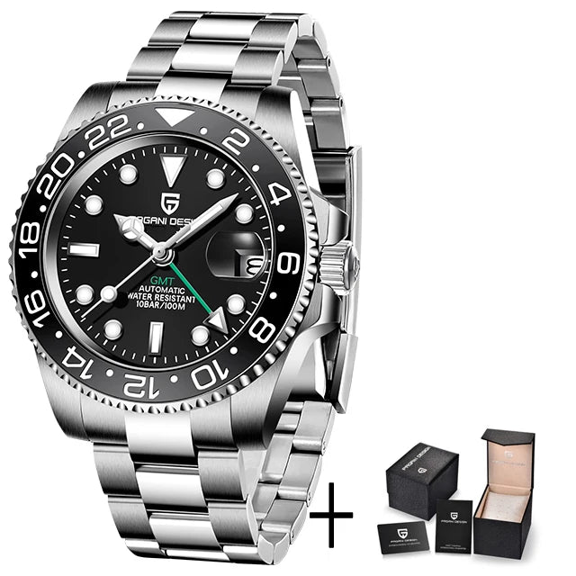 ELEGANCE® P1662 Men Watch Automatic Mechanical GMT Wristwatch Sapphire Glass Stainless Steel 100M Waterproof