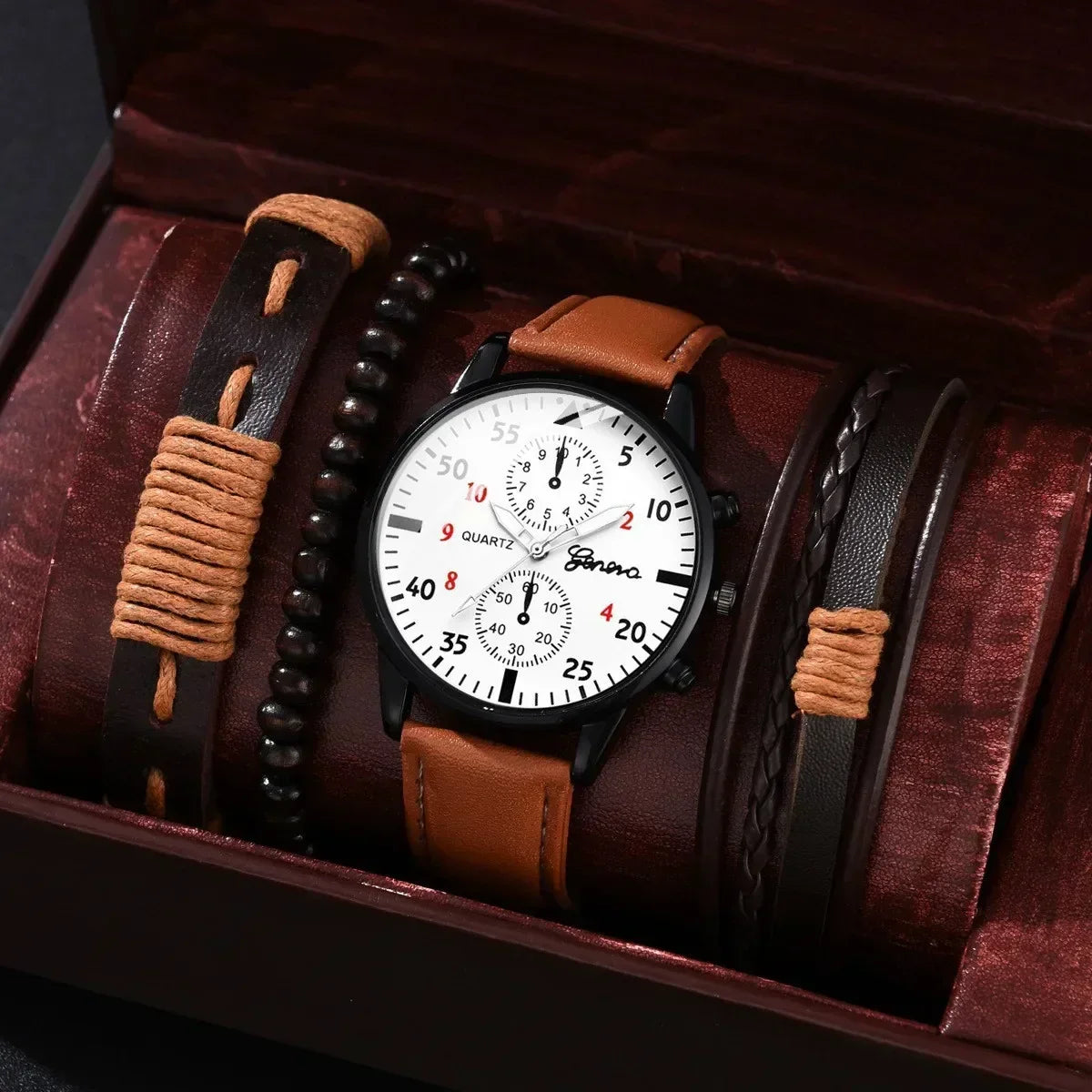 4/2/1pcs Men Sports Watches Set Man Business Quartz Wristwatch Luxury Brown Leather Bracelet Men Casual Clock Watch(no Box)