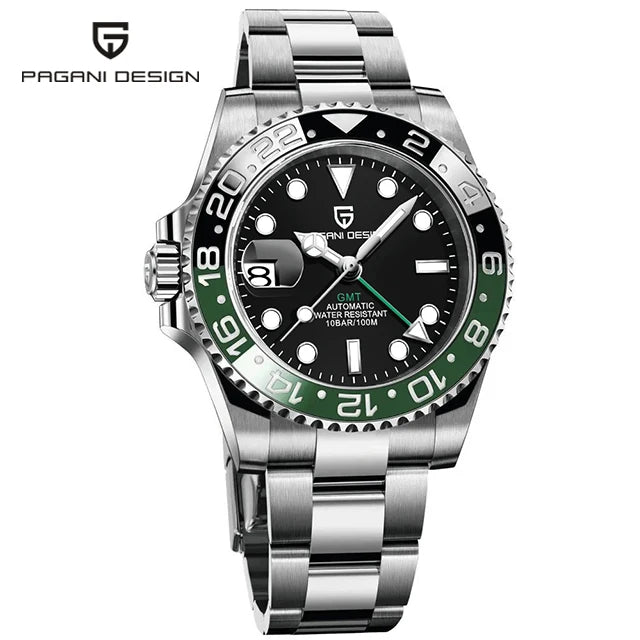ELEGANCE® P1662 Men Watch Automatic Mechanical GMT Wristwatch Sapphire Glass Stainless Steel 100M Waterproof