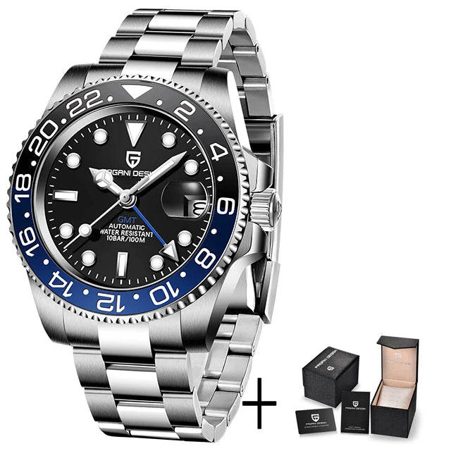 ELEGANCE® P1662 Men Watch Automatic Mechanical GMT Wristwatch Sapphire Glass Stainless Steel 100M Waterproof