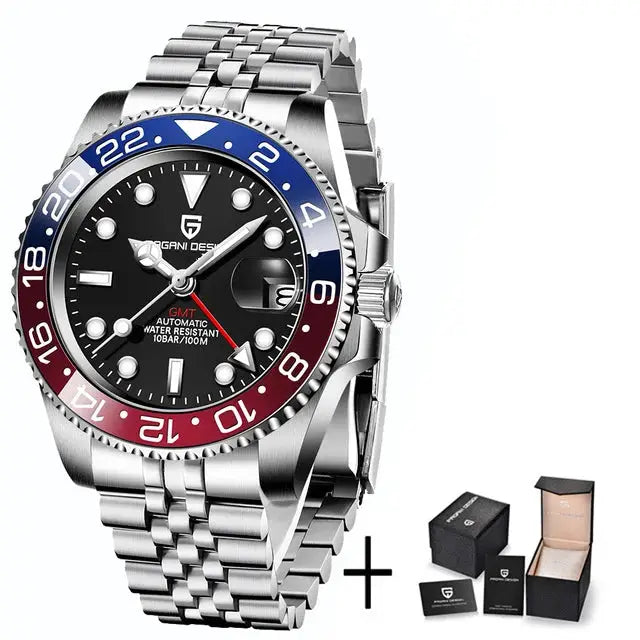 ELEGANCE® P1662 Men Watch Automatic Mechanical GMT Wristwatch Sapphire Glass Stainless Steel 100M Waterproof