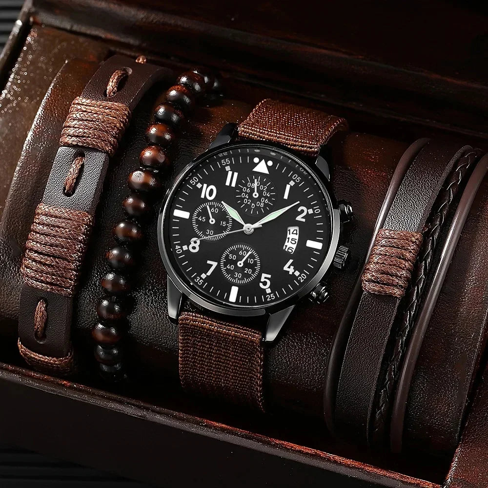 4/2/1pcs Men Sports Watches Set Man Business Quartz Wristwatch Luxury Brown Leather Bracelet Men Casual Clock Watch(no Box)