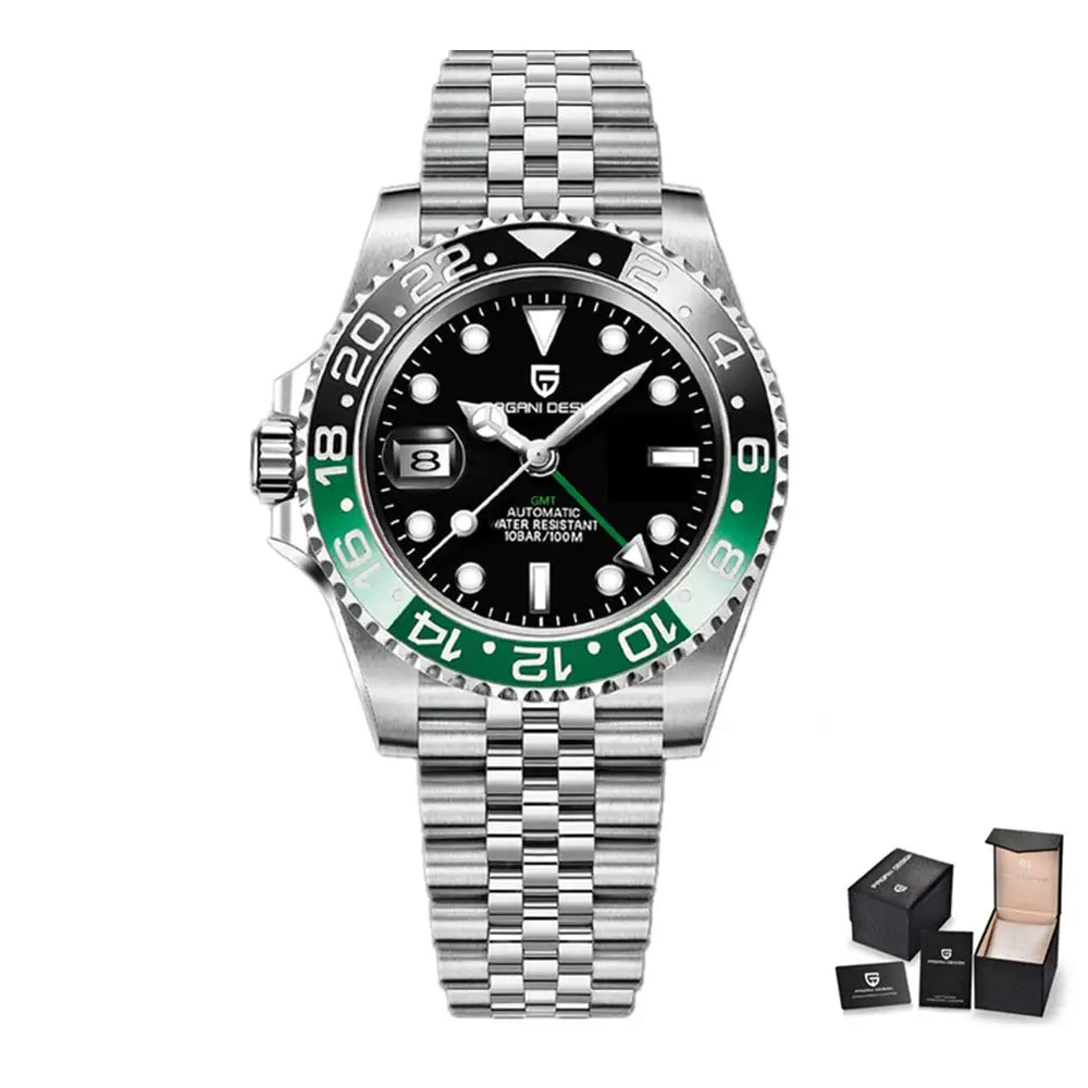 ELEGANCE® P1662 Men Watch Automatic Mechanical GMT Wristwatch Sapphire Glass Stainless Steel 100M Waterproof