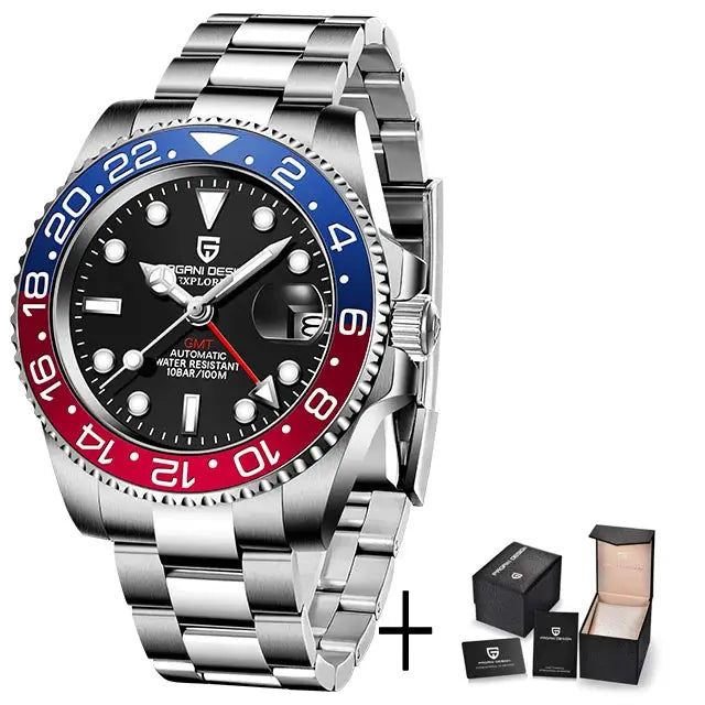ELEGANCE® P1662 Men Watch Automatic Mechanical GMT Wristwatch Sapphire Glass Stainless Steel 100M Waterproof