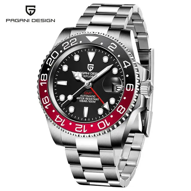 ELEGANCE® P1662 Men Watch Automatic Mechanical GMT Wristwatch Sapphire Glass Stainless Steel 100M Waterproof
