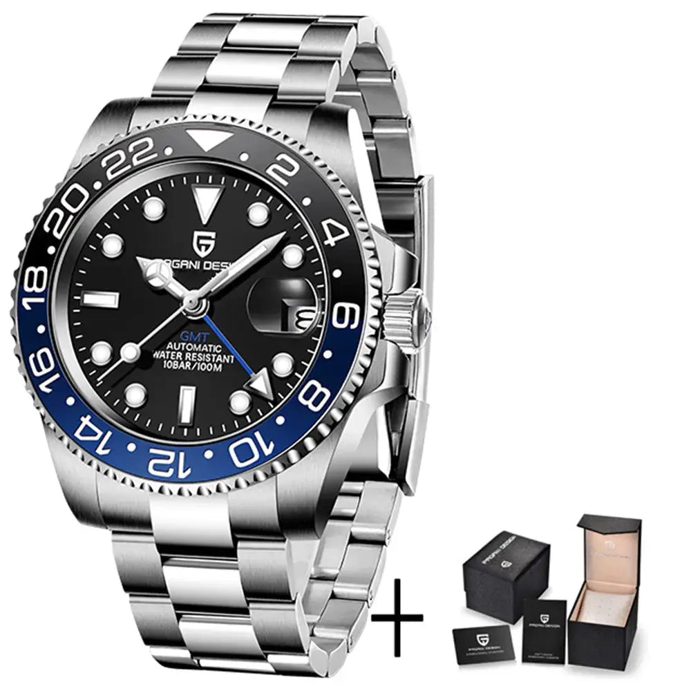 ELEGANCE® P1662 Men Watch Automatic Mechanical GMT Wristwatch Sapphire Glass Stainless Steel 100M Waterproof